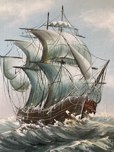 Vintage Oil Painting Seascape of Ship on Stormy Seas Signed Framed Original Art - Picture 16 of 18