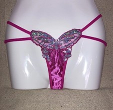 Vintage Hot Pink Satin Sequin Butterfly Double String Thong Shiny Panties L