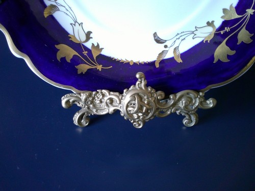Unmarked Pair Cobalt Blue Border & Gold White Centre Shallow Fruit Plates - Picture 5 of 8