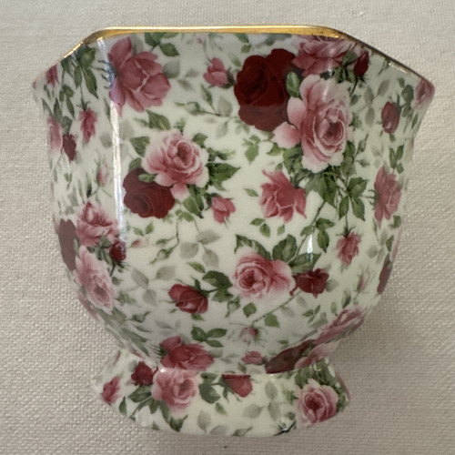 Rose Chintz Vase Formalities By Baum Bros 4” Tall 5” Hexagon Porcelain Gold Rim - Picture 1 of 4