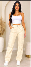 Shinestar Women's Beige Faux Leather Cargo Pants Straight Leg Pockets Size L