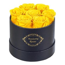 Yellow Preserved Roses in Round Black Box Long Lasting Forever Flowers Gift
