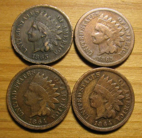 LOT OF (4) 1864 1865 INDIAN HEAD CENTS FROM US COIN COLLECTION PENNY LOT SET