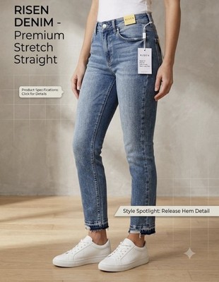 Risen Women's Straight Jeans Medium Wash Stretch  5-Pocket, ankle straight