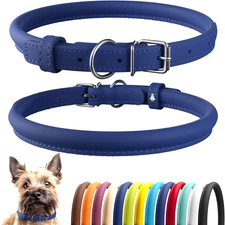Rolled Leather Dog Collar Soft Padded Round Handmade Blue size 11'-14'