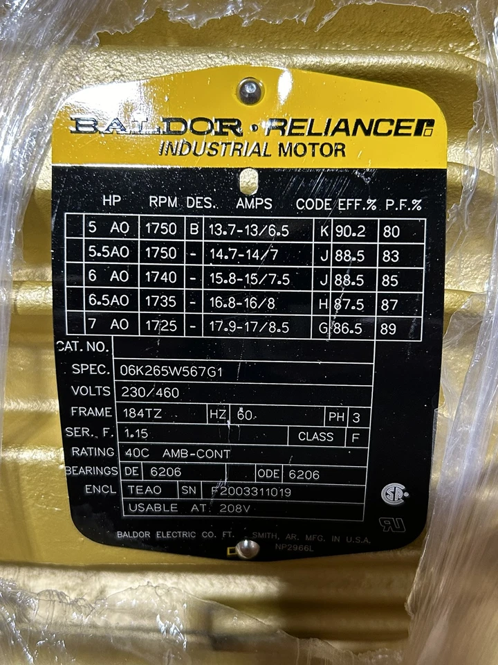 Motor industrial Baldor Reliance 06K265W567G1 5-7HP 1750/1725RPM 3PH 230/460V Foto 2 de 4
