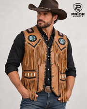 Men's Western Leather Fringe Vest Brown Cowboy Beaded Rodeo Sleeveless Jacket