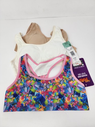 3 Pack Bras Fruit of the Loom Padded Girls 32 & Trolls Criss Cross Back Medium