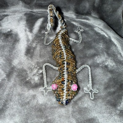 Vintage Gecko Lizard Beaded Metal Spring Wire Folk Art 8.75 
