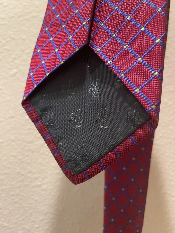 Lauren Ralph Lauren Red Check Gold Dot Print Silk Tie - Image 4 of 4