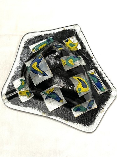 Mid Century Modern Higgins Fused Art Glass Ashtray Birds in Cages- Signed - Picture 11 of 12