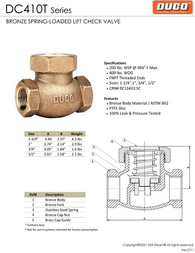 1/2" SPRING LOADED INDUSTRIAL LIFT CHECK VALVE (BRONZE 200 WSP), ASME, #50T - Picture 8 of 8