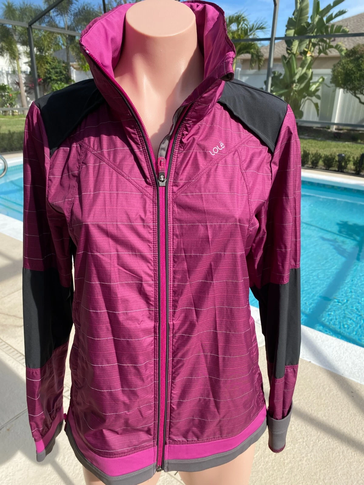lole striped full zip front lightweight hooded jacket
