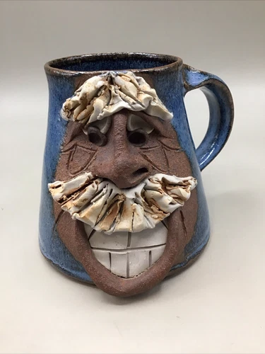 Funny Ugly 3D Face  Pottery Mug Art Stoneware Mustache Big Teeth Signed 4.5”