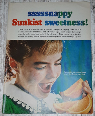 1965 Sunkist Vintage Print Ad Oranges Slice Wedge Girl Smile Sweet Juicy Snappy