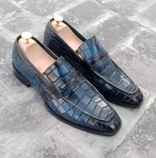 Handmade men blue crocodile moccasin shoes, dress formal slip on shoes for men's