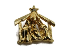 Nativity Scene Pin Rhinestone Inlay & Gold Tone