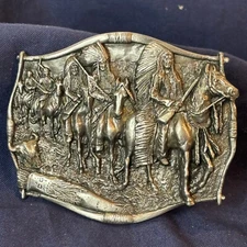 1984 Bergamot Brass Works K150 Belt Buckle Horses Indians Made in USA