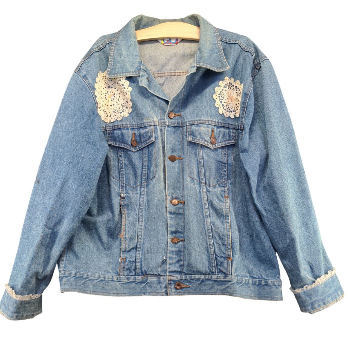 Generation One Women's Denim Jean Jacket Blue XL Crochet Trim