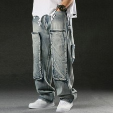 Casual Mens Denim Baggy Hip Hop Pants Dance Pocket Loose Jeans Cargo Pant Casual