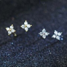 Mini Flowers Stud Earrings/Solid 925 Silver w/ CZ Stud Earrings/4 Petals Flower