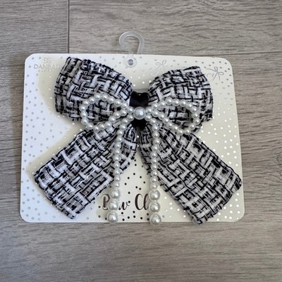 Bow Fancy Danbar Black White Tweed Hair Clip with Faux Pearl Bow Accent NIP