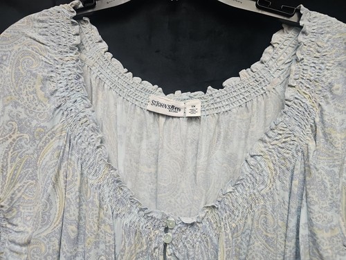 Smock Top Light Blue Paisley Print Shirred Neck Sleeves Hem 100% Viscose - Picture 2 of 4