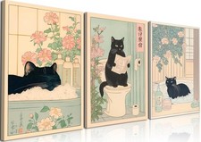 Funny Bathroom Wall Art Set of 3, Japanese Cute Black Cat Wall Decor Painting...