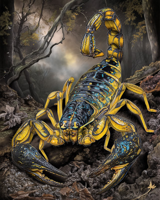 8x10 Scorpion defensive stance, tail raised - rocky forest floor - 770042748
