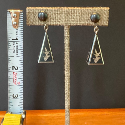 Vtg Sterling Silver 925 Niello Siam Dancer Triangle 3-D Pyramid Dangle Earrings - Picture 10 of 24