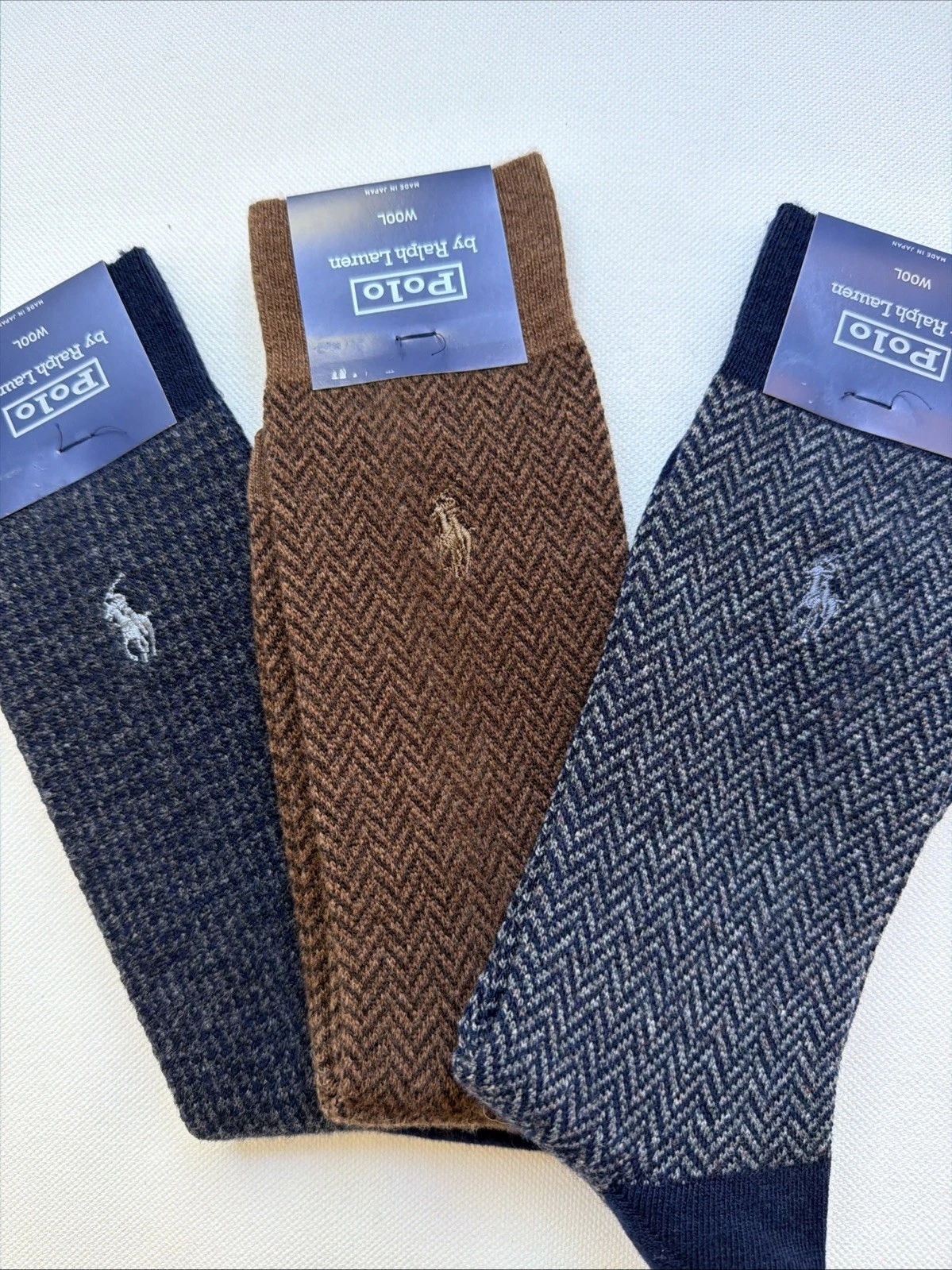 Polo Ralph Lauren Mens Wool Dress Socks Set Of 3 Herringbone & Birdseye Pattern