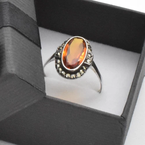 Vintage Silver Orange & Marcasite Stone Set Art Deco Cocktail Ring ~ Size U 1/2