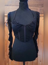 Black Corset Bustier Top Sheer Mesh Long Sleeve Halter Y2K Goth