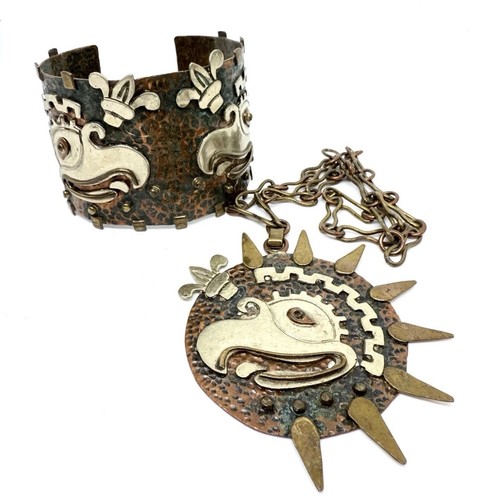 Maya Mexico Sterling Silver Hammered Copper Eagle Necklace & Bracelet Vintage