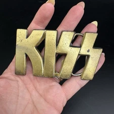 Vtg KISS Belt Buckle Solid Brass Cast Metal Gold-tone