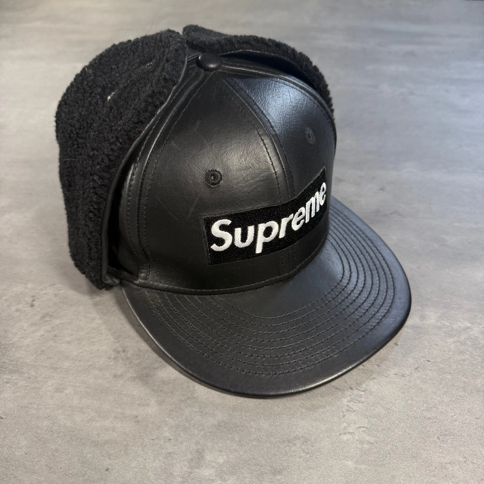 Supreme Hat New Era Cap Leather Ear Flap 7 1/8 FW22 Box Logo RARE Sherpa Fleece