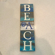 Distressed Wood BEACH Wall Sign Nautical Shell Vertical Blue/White/Brown 19 in