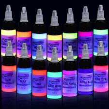 14 Color UV Tattoo Ink Set 0.5oz Each Fluorescent Pigment Neon Blacklight Bod...