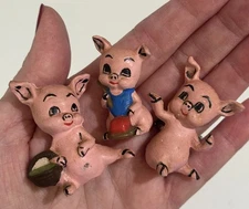 Vintage 3 Little Pigs Figurines Mini Set 3 Ceramic Porcelain Hand Painted Cute