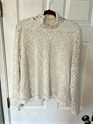 Coldwater Creek Ivory Lace Mesh Mock Neck Long Sleeve Blouse Top XL