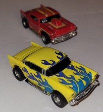 TYCO HO SLOT CARS PAIR OF 2 "57" CHEVYS YELLOW  WITH FLAME Rare RED BELA IR
