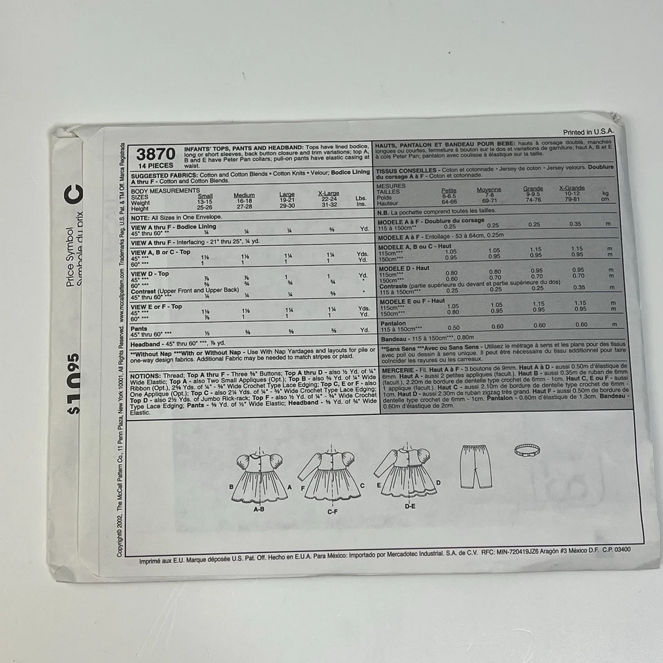 Infants Tops Pants Headband Size S-XL 13-24 Lbs Baby McCall's UNCUT Pattern 3870 - Image 2 of 2