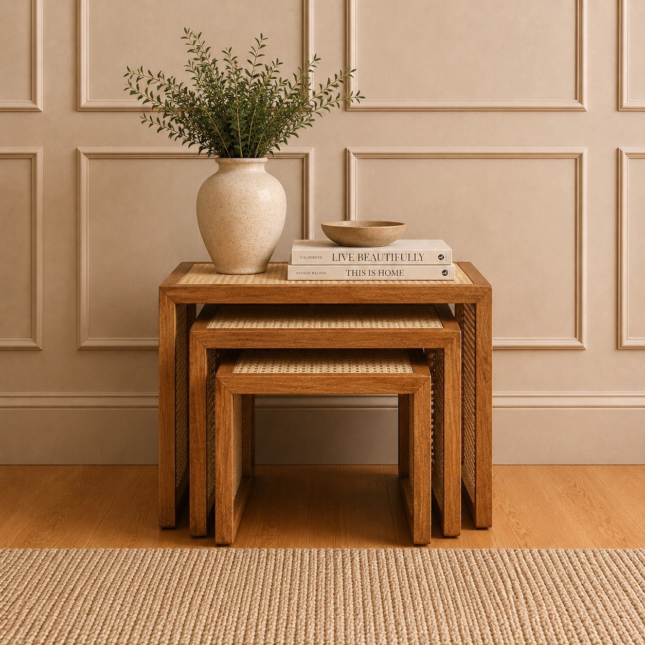 Set of 3 Solid Mango Wood Nesting Tables Cane Detail Light Oak End Table Set