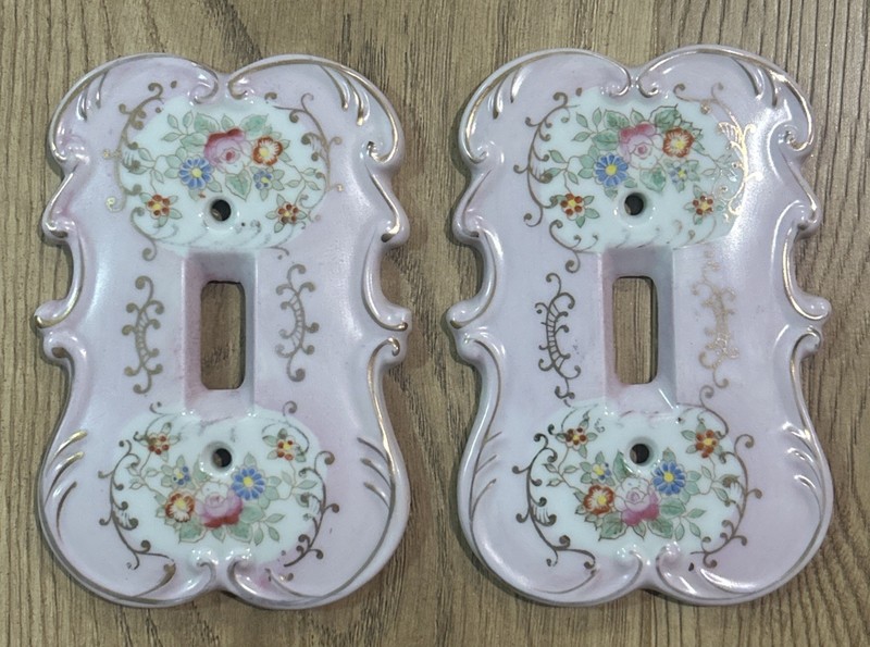 Vtg Pink Arnat Japan Porcelain Ceramic Floral Gilt Single Light Switch Cover X2