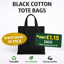 50 PLAIN CANVAS ECO BLACK COTTON SHOPPER SHOULDER TOTE BAGS Shopping Best Value