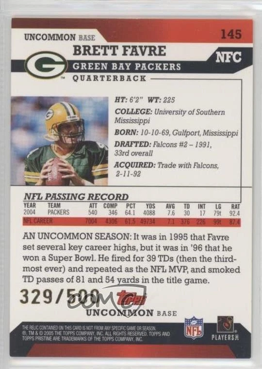 2005 Topps Pristine /500 Brett Favre #145 HOF - Image 2 of 2