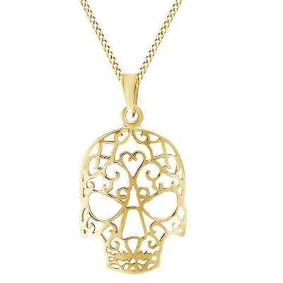 Tattoo Skull Hidden Heart Swirl 14K Yellow Gold Plated Silver Pendant