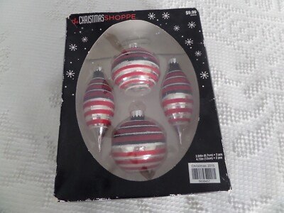 4 Christmas Shoppe Red Black Silver Snow Stripe Ornaments NOS round & sphere
