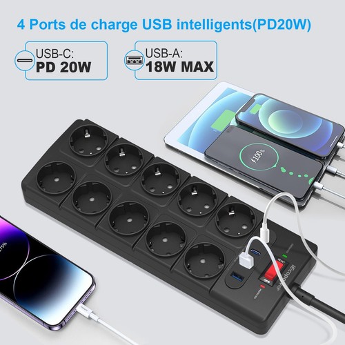 multiprise 10 PrisesUSB multiprisePD 20W 2 USB-C Ports et 2 USB-A Ports multi... - Photo 3/7