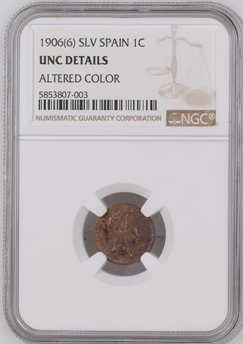 1906(6) SLV Spain 1C 1 Centimo NGC UNC Details Alfonso XIII Spanish Rare Coin